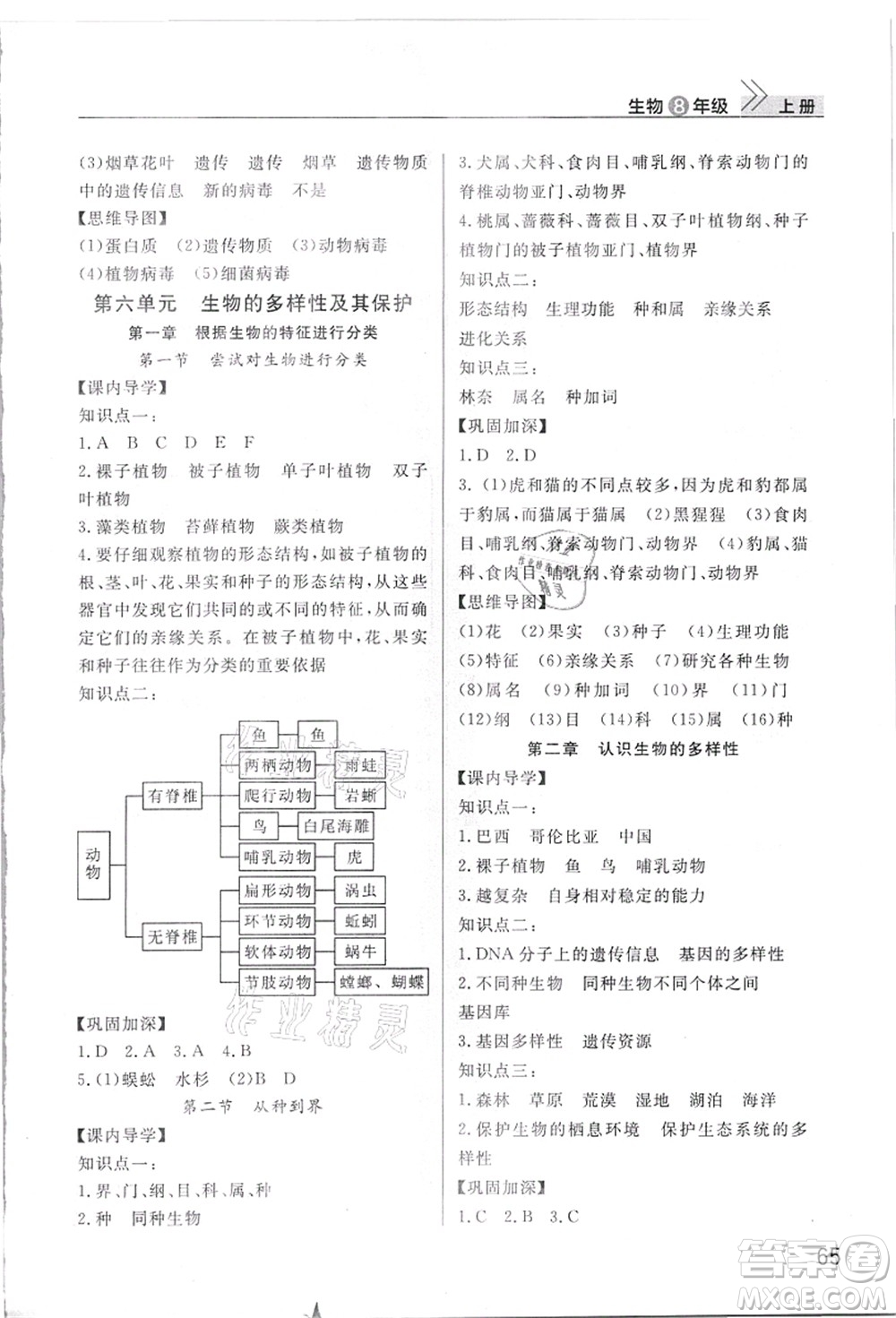 武漢出版社2021智慧學(xué)習(xí)天天向上課堂作業(yè)八年級生物上冊人教版答案