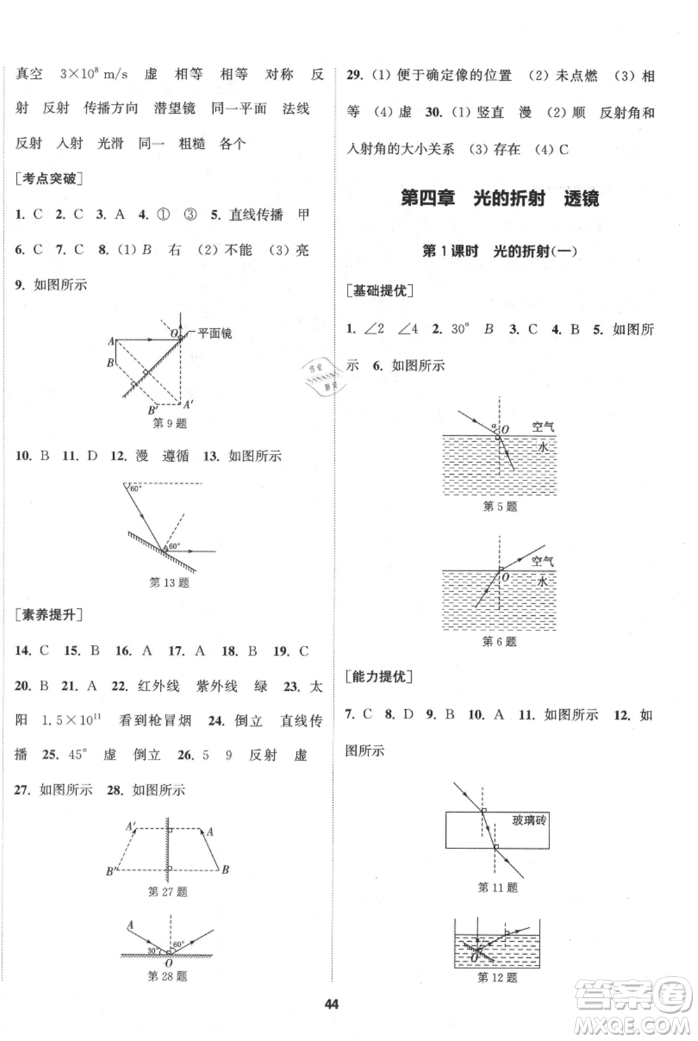 南京大學(xué)出版社2021提優(yōu)訓(xùn)練課課練八年級上冊物理江蘇版徐州專版參考答案