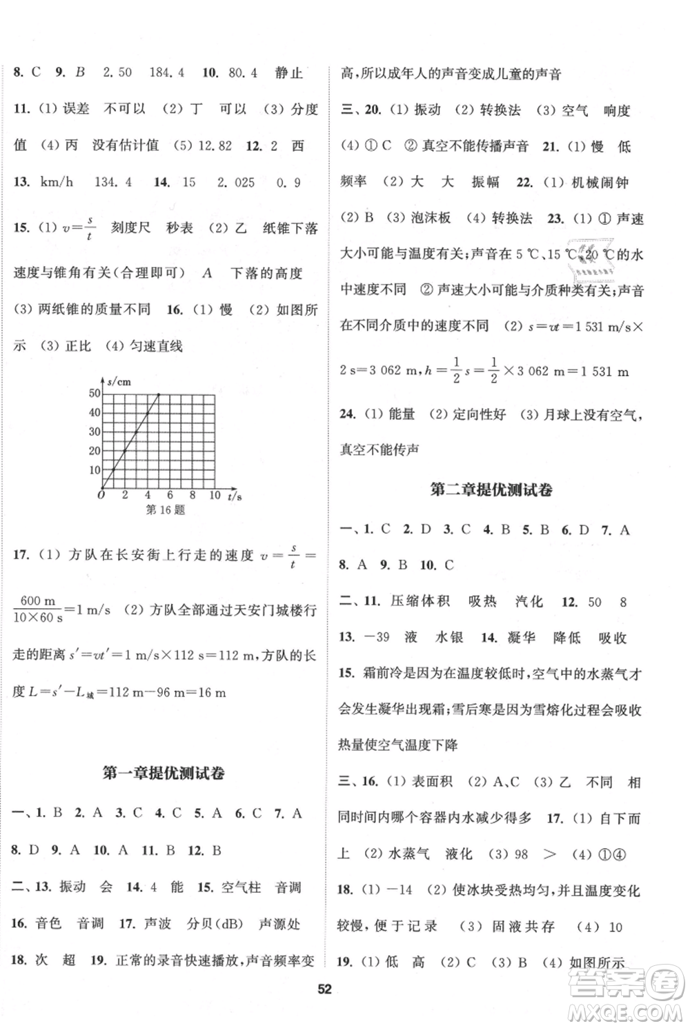 南京大學(xué)出版社2021提優(yōu)訓(xùn)練課課練八年級上冊物理江蘇版徐州專版參考答案