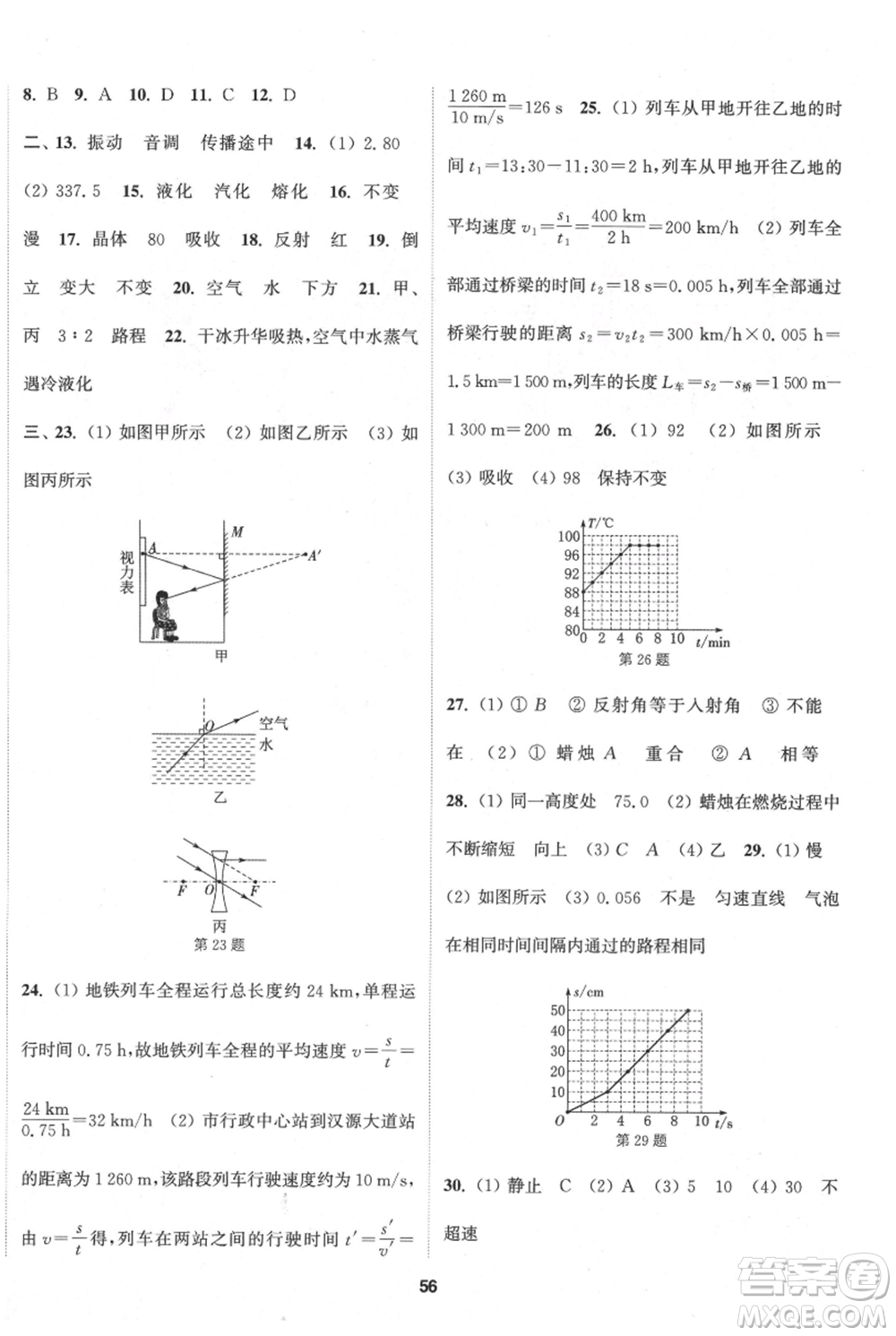 南京大學(xué)出版社2021提優(yōu)訓(xùn)練課課練八年級上冊物理江蘇版徐州專版參考答案