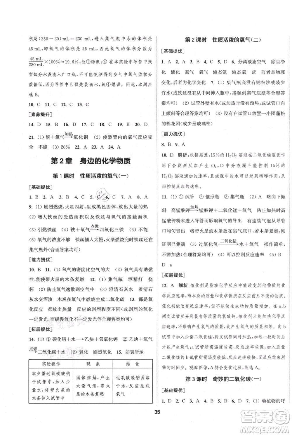 南京大學(xué)出版社2021提優(yōu)訓(xùn)練課課練九年級(jí)上冊(cè)化學(xué)國(guó)標(biāo)上海版徐州專版參考答案