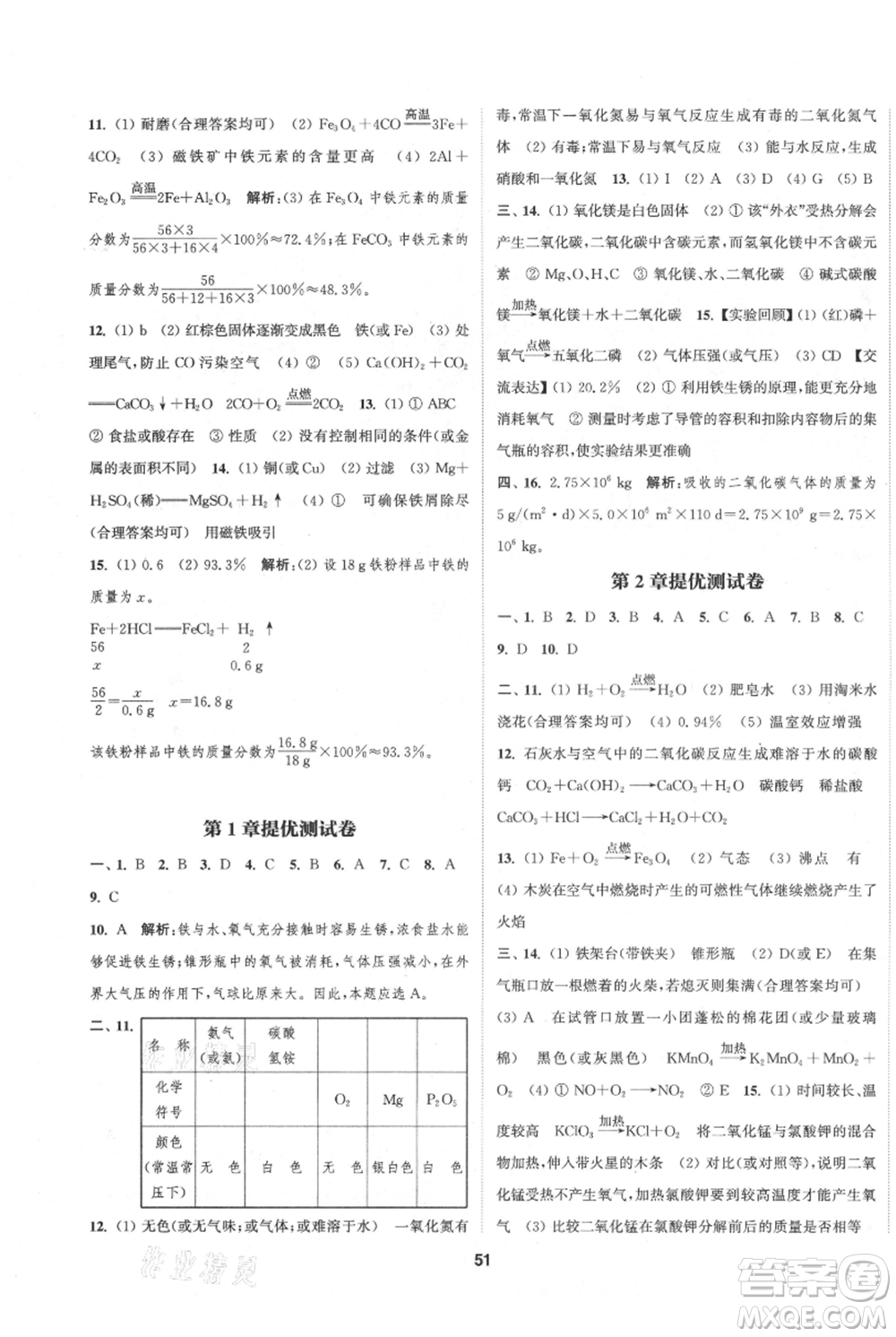 南京大學(xué)出版社2021提優(yōu)訓(xùn)練課課練九年級(jí)上冊(cè)化學(xué)國(guó)標(biāo)上海版徐州專版參考答案