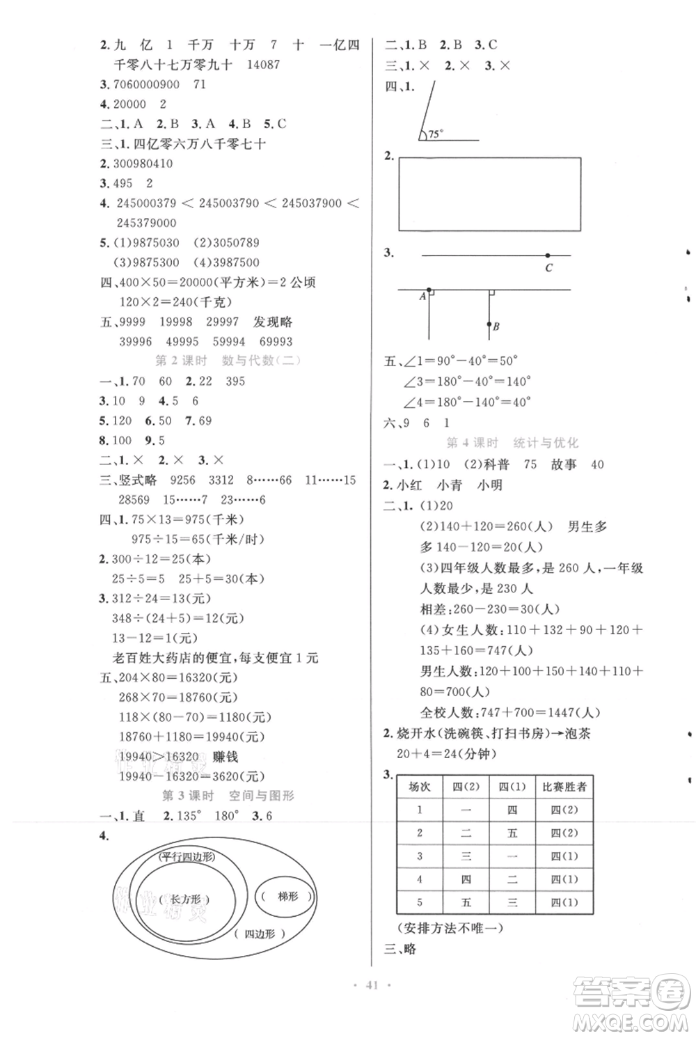 人民教育出版社2021小學(xué)同步測(cè)控優(yōu)化設(shè)計(jì)四年級(jí)上冊(cè)數(shù)學(xué)人教精編版參考答案