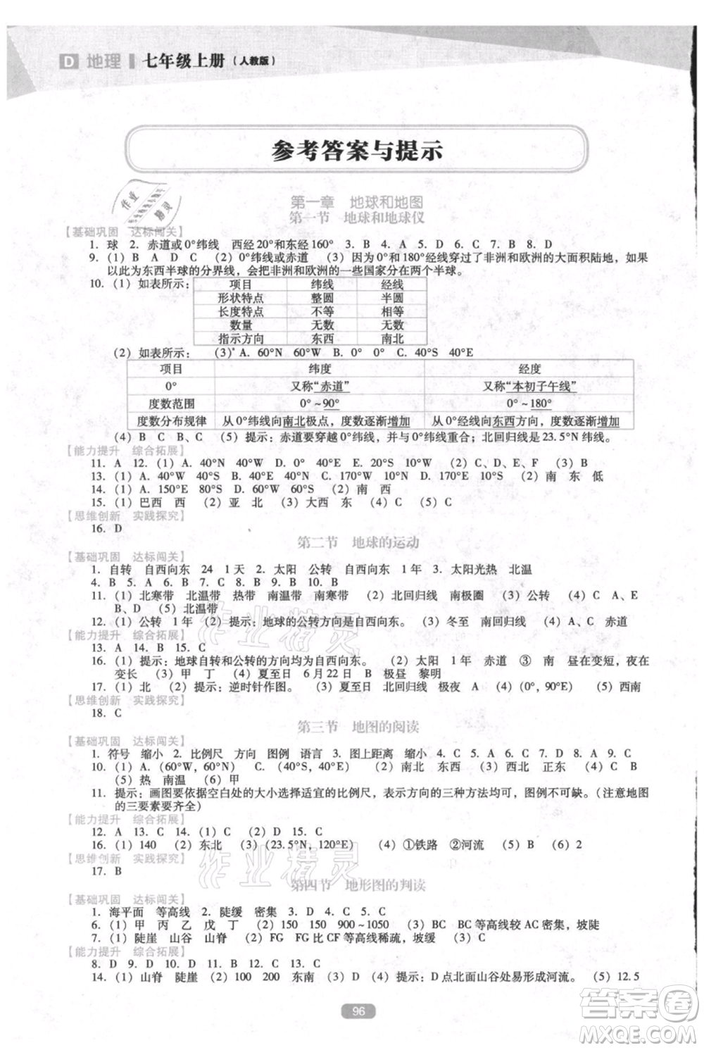 遼海出版社2021新課程地理能力培養(yǎng)七年級(jí)上冊(cè)人教版D版參考答案