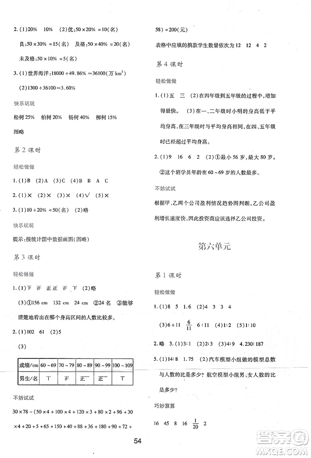 陜西人民教育出版社2021新課程學習與評價六年級數(shù)學上冊C版北師大版答案