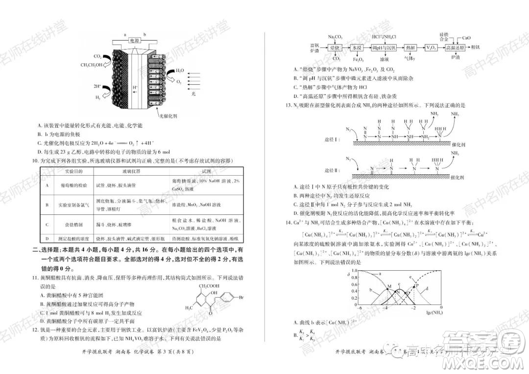 2022屆高三開學摸底聯(lián)考新高考I卷湖南卷化學試卷及答案