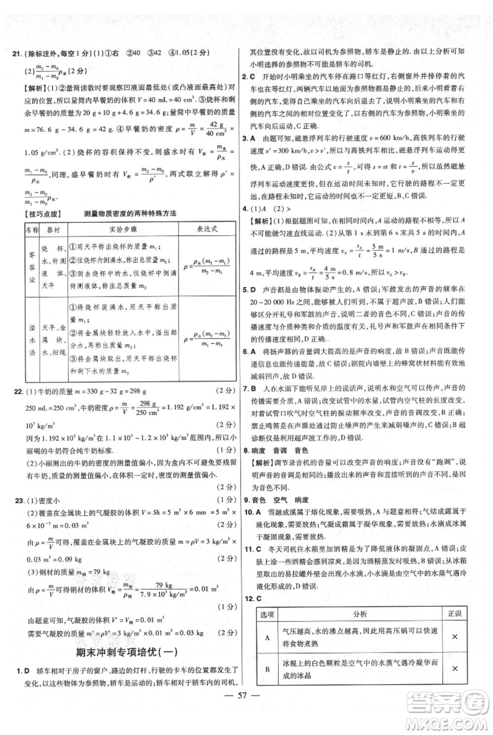 延邊教育出版社2021金考卷活頁(yè)題選初中同步單元雙測(cè)卷八年級(jí)上冊(cè)物理人教版參考答案