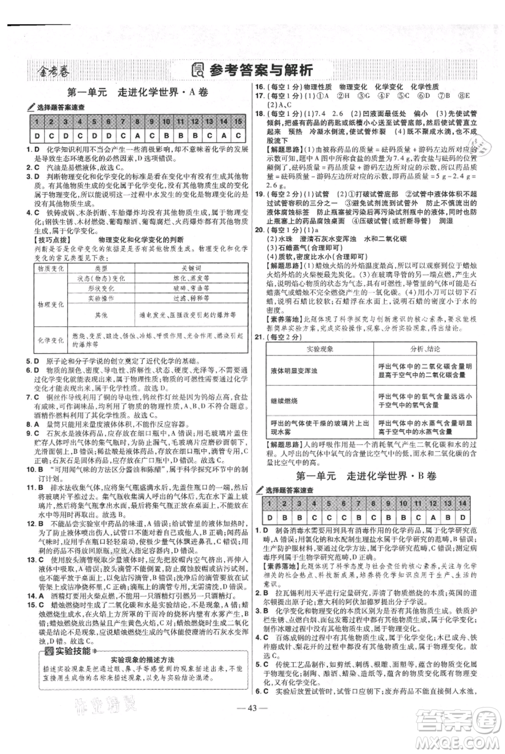 延邊教育出版社2021金考卷活頁(yè)題選初中同步單元雙測(cè)卷九年級(jí)上冊(cè)化學(xué)人教版參考答案