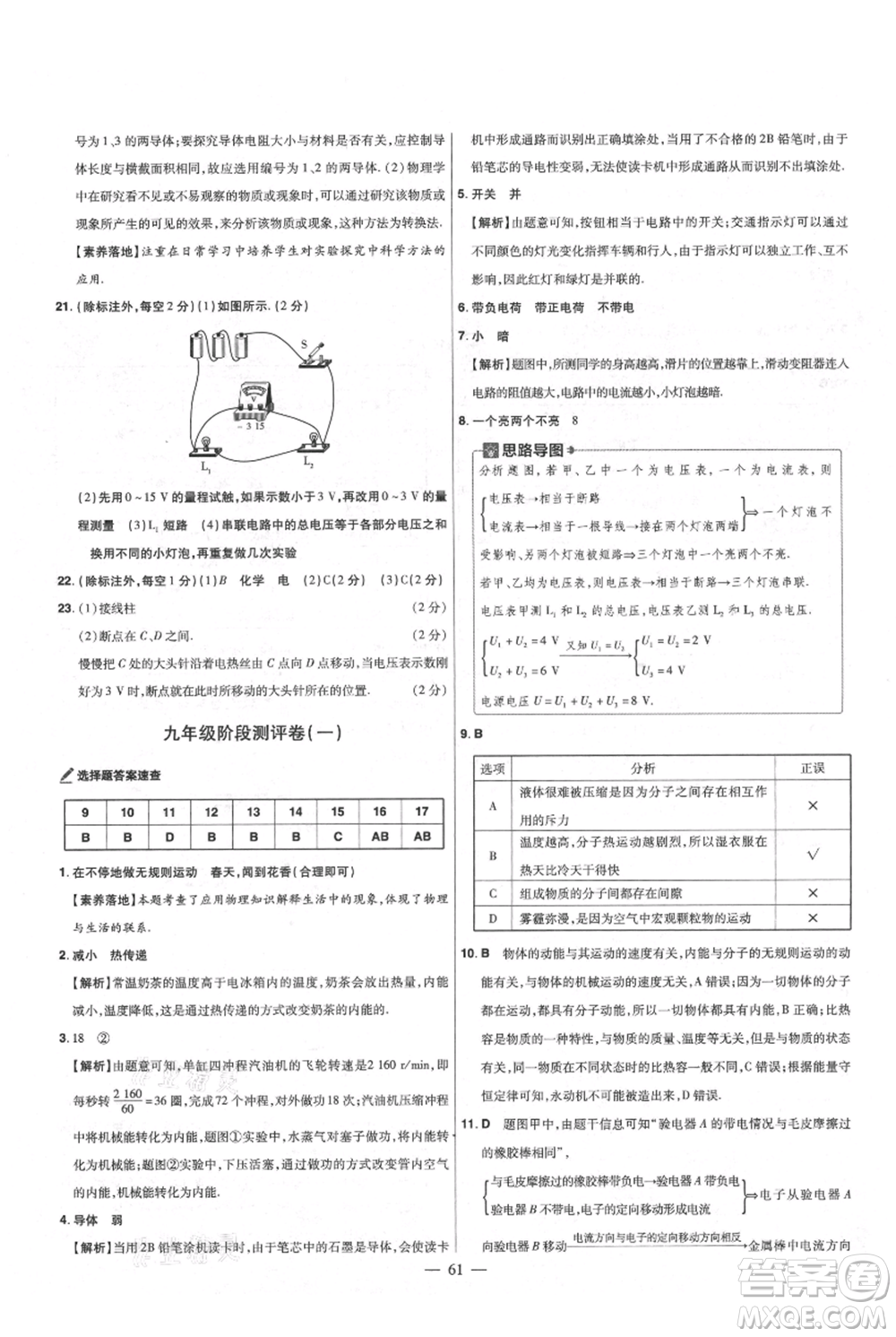 延邊教育出版社2021金考卷活頁題選初中同步單元雙測卷九年級物理人教版參考答案