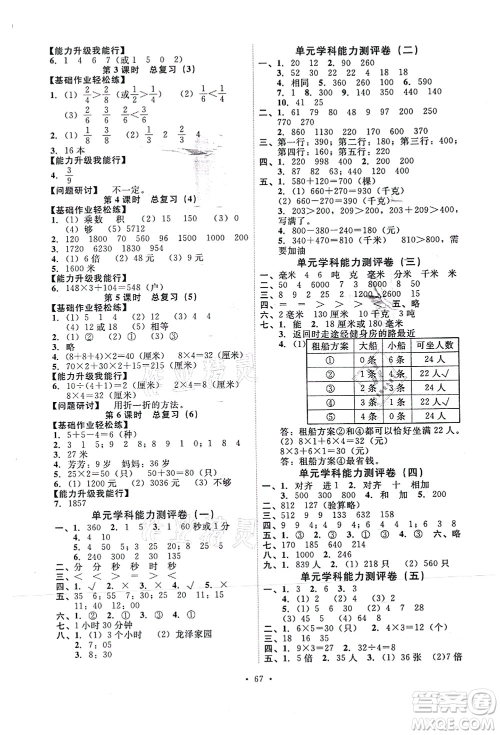 人民教育出版社2021能力培養(yǎng)與測試三年級數(shù)學(xué)上冊人教版湖南專版答案