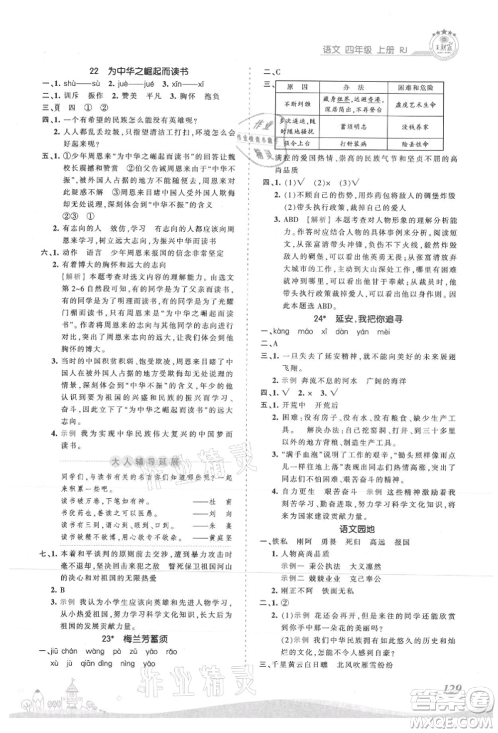 江西人民出版社2021王朝霞創(chuàng)維新課堂同步優(yōu)化訓(xùn)練四年級上冊語文人教版參考答案