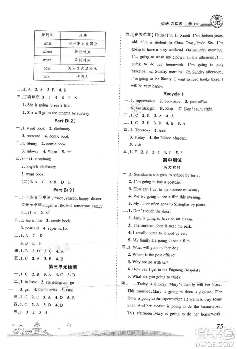 江西人民出版社2021王朝霞創(chuàng)維新課堂同步優(yōu)化訓(xùn)練六年級(jí)上冊(cè)英語(yǔ)人教版參考答案