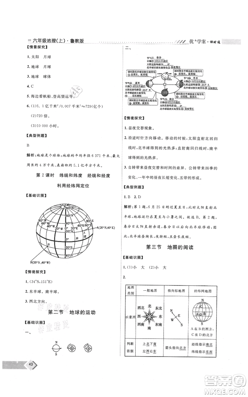 吉林教育出版社2021優(yōu)+學(xué)案課時(shí)通六年級(jí)上冊(cè)地理魯教版參考答案