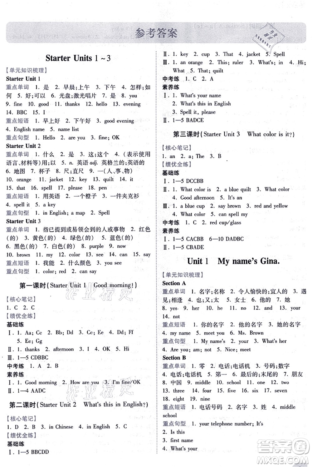 人民教育出版社2021績優(yōu)學(xué)案七年級英語上冊人教版答案