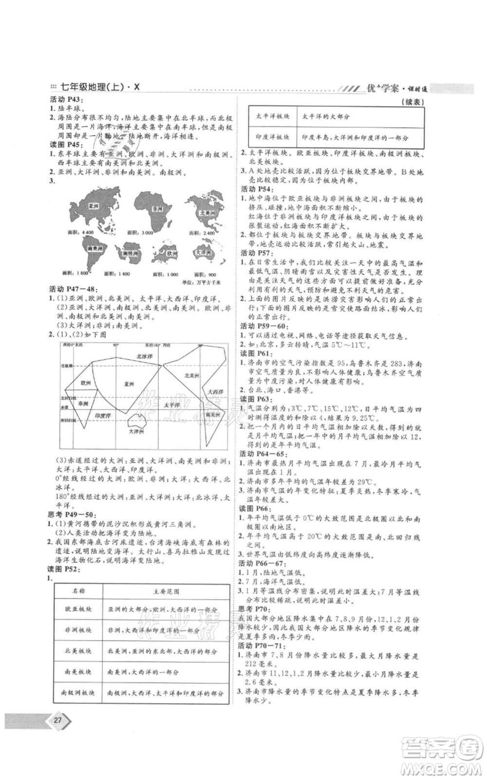 吉林教育出版社2021優(yōu)+學(xué)案課時通七年級上冊地理商務(wù)星球版X版參考答案