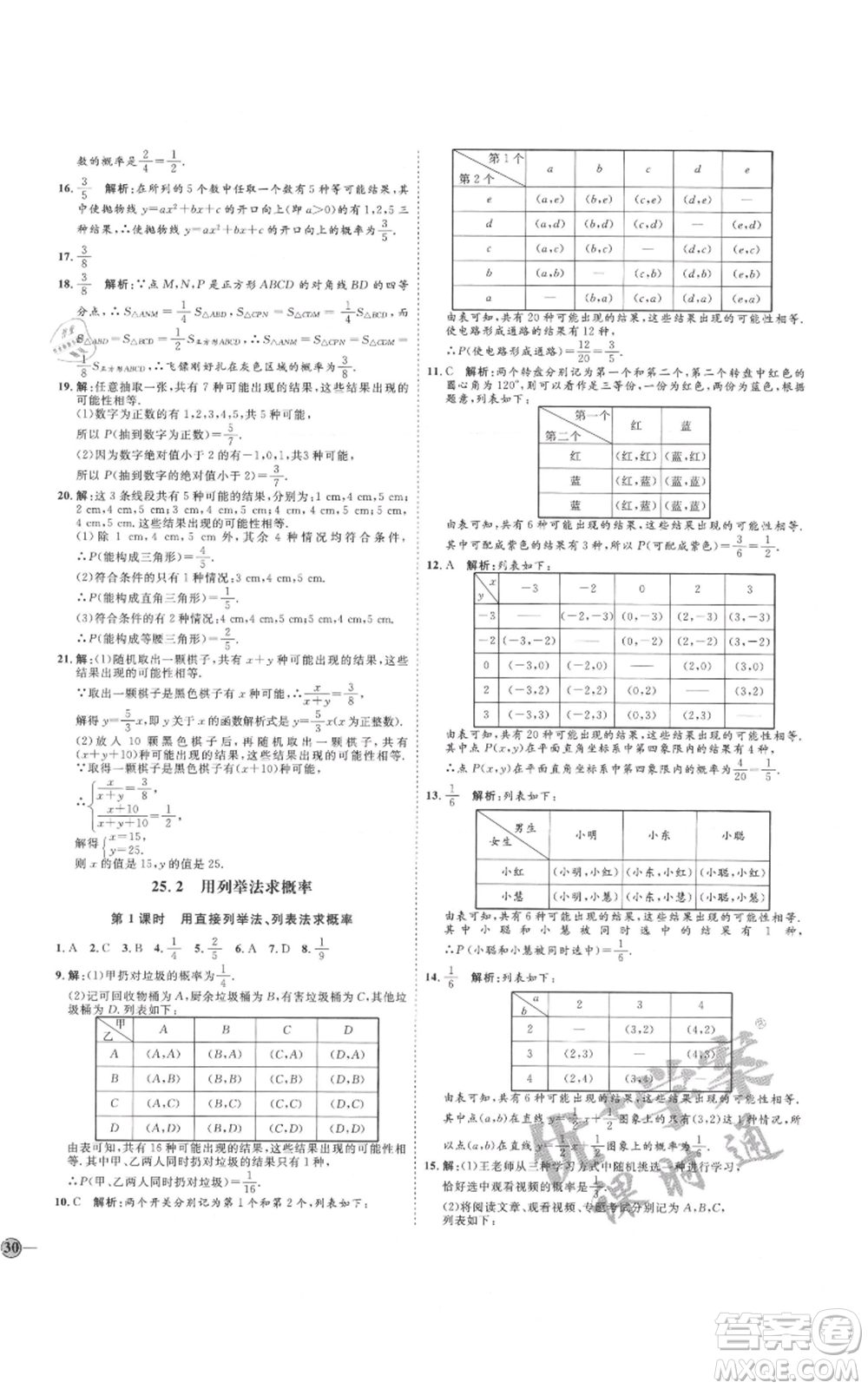 延邊教育出版社2021優(yōu)+學(xué)案課時(shí)通九年級上冊數(shù)學(xué)人教版河北專版參考答案