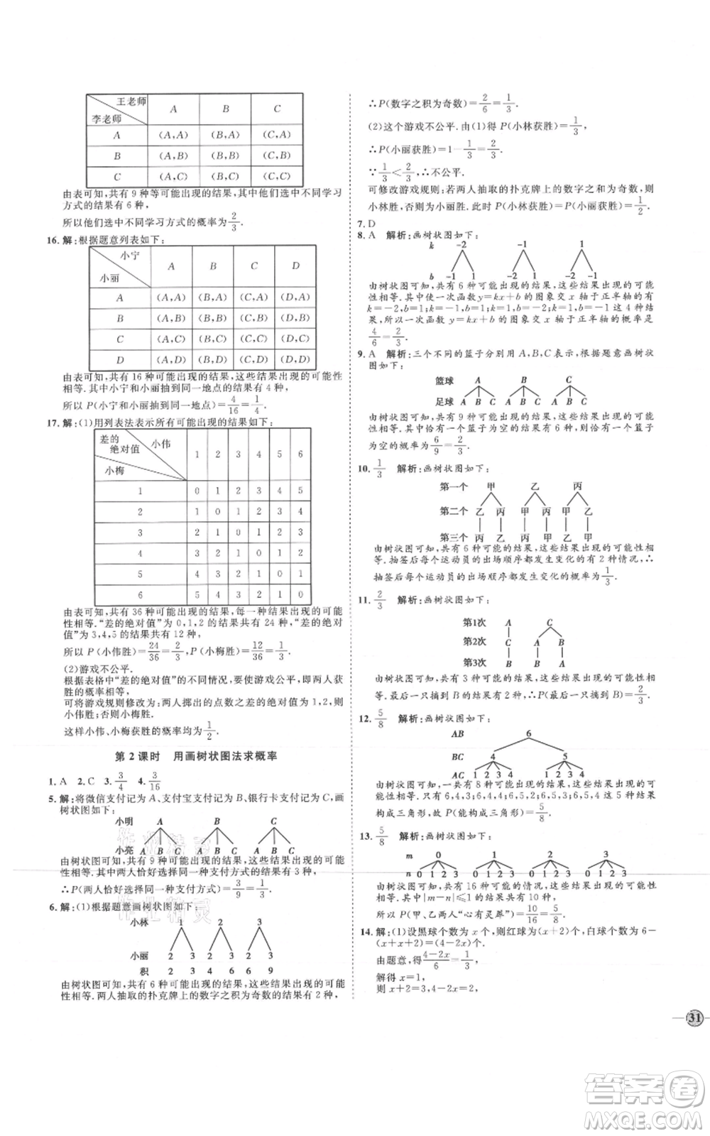 延邊教育出版社2021優(yōu)+學(xué)案課時(shí)通九年級上冊數(shù)學(xué)人教版河北專版參考答案