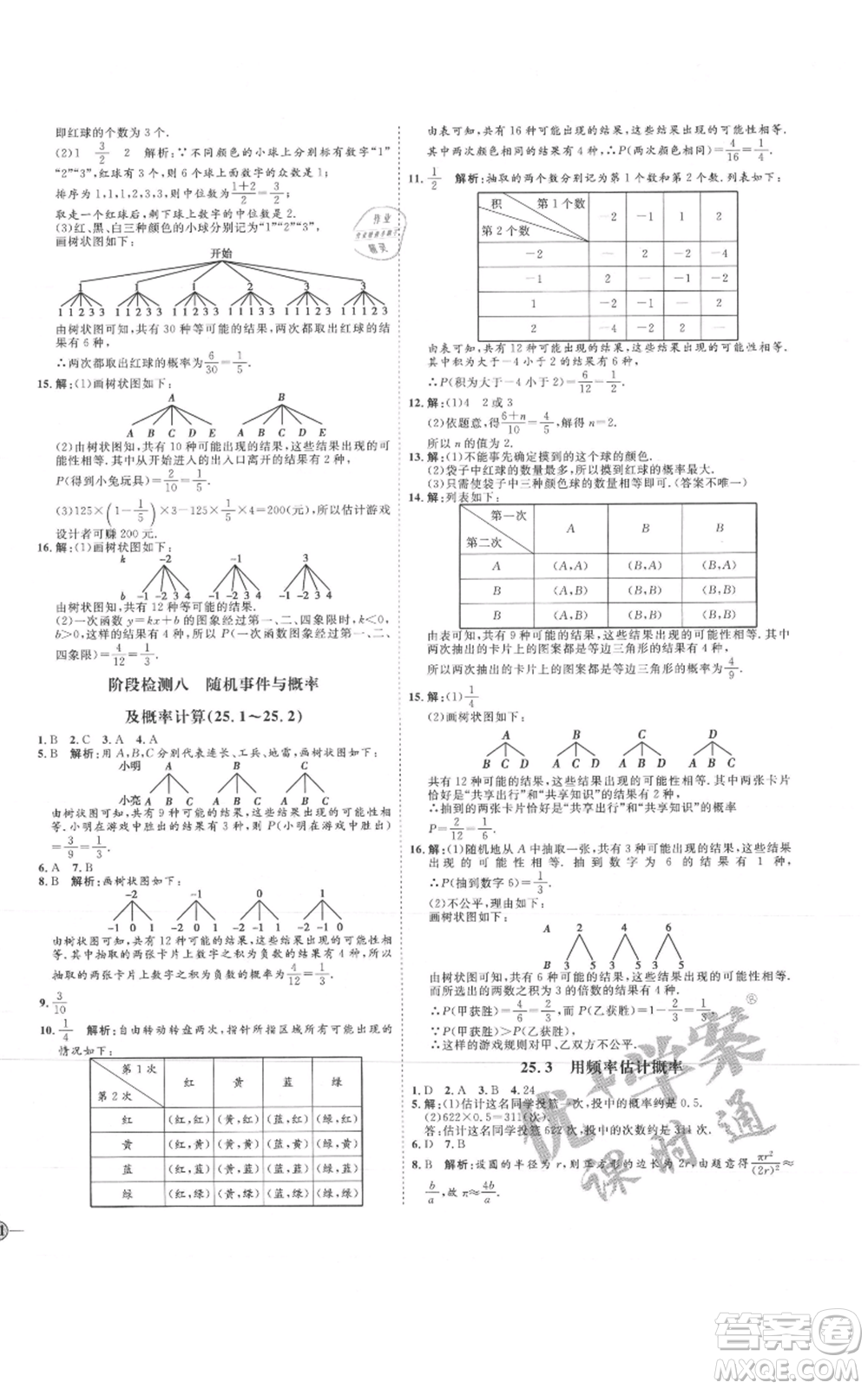 延邊教育出版社2021優(yōu)+學(xué)案課時(shí)通九年級上冊數(shù)學(xué)人教版河北專版參考答案