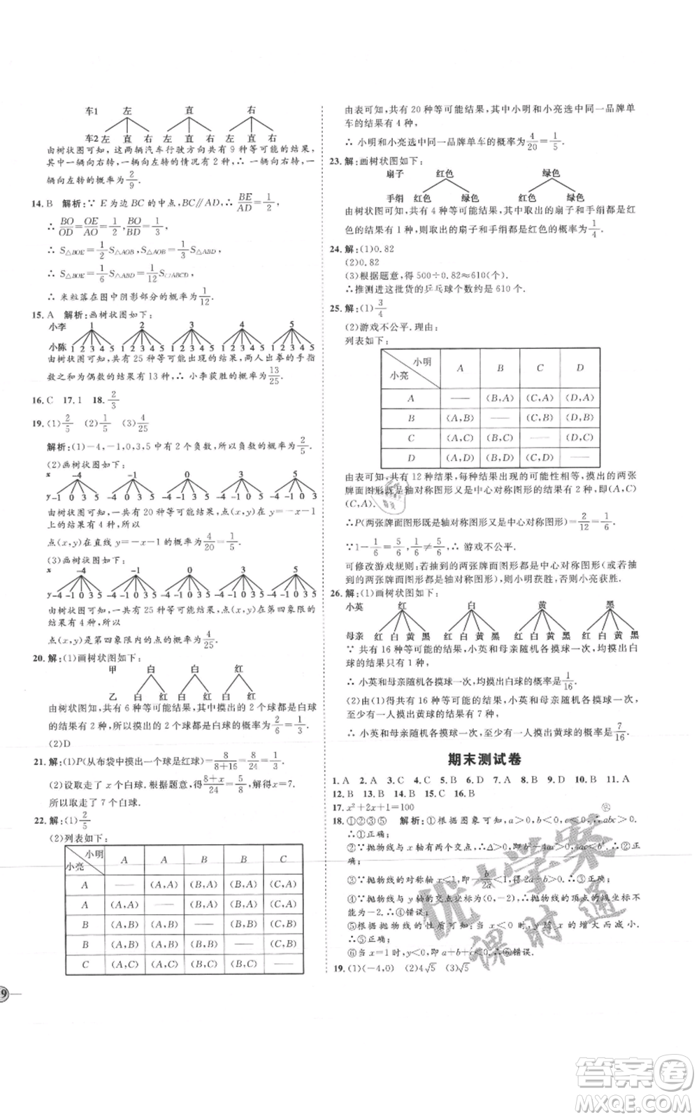 延邊教育出版社2021優(yōu)+學(xué)案課時(shí)通九年級上冊數(shù)學(xué)人教版河北專版參考答案