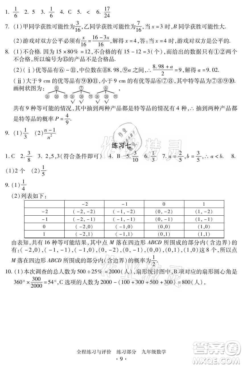 浙江人民出版社2021全程練習(xí)與評(píng)價(jià)九年級(jí)全一冊數(shù)學(xué)浙教版答案