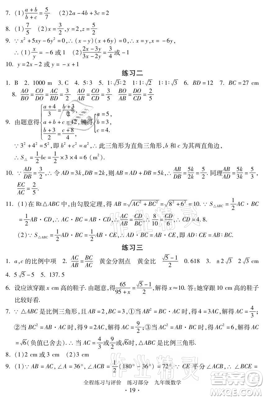 浙江人民出版社2021全程練習(xí)與評(píng)價(jià)九年級(jí)全一冊數(shù)學(xué)浙教版答案