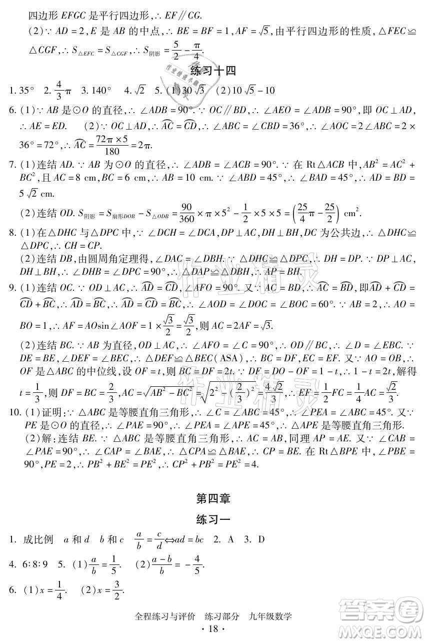 浙江人民出版社2021全程練習(xí)與評(píng)價(jià)九年級(jí)全一冊數(shù)學(xué)浙教版答案