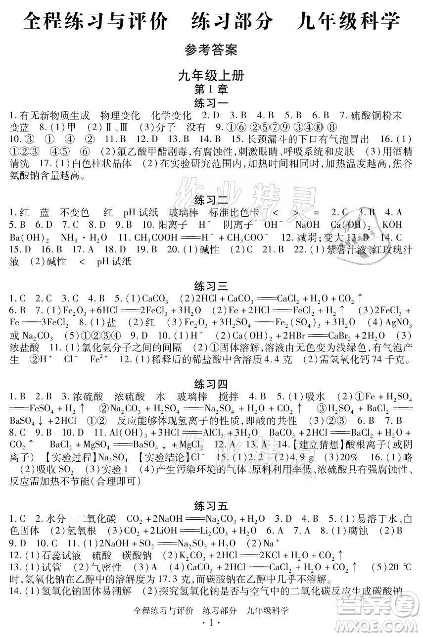 浙江人民出版社2021全程練習與評價九年級全一冊科學浙教版答案