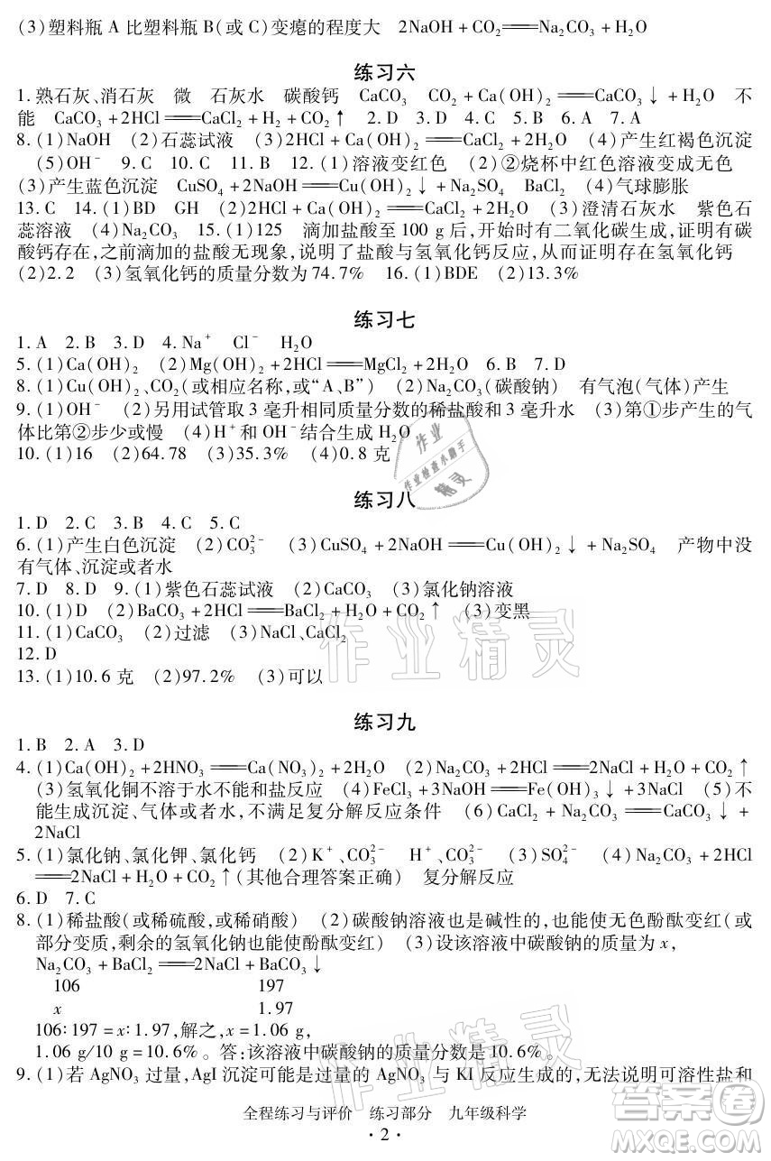 浙江人民出版社2021全程練習與評價九年級全一冊科學浙教版答案