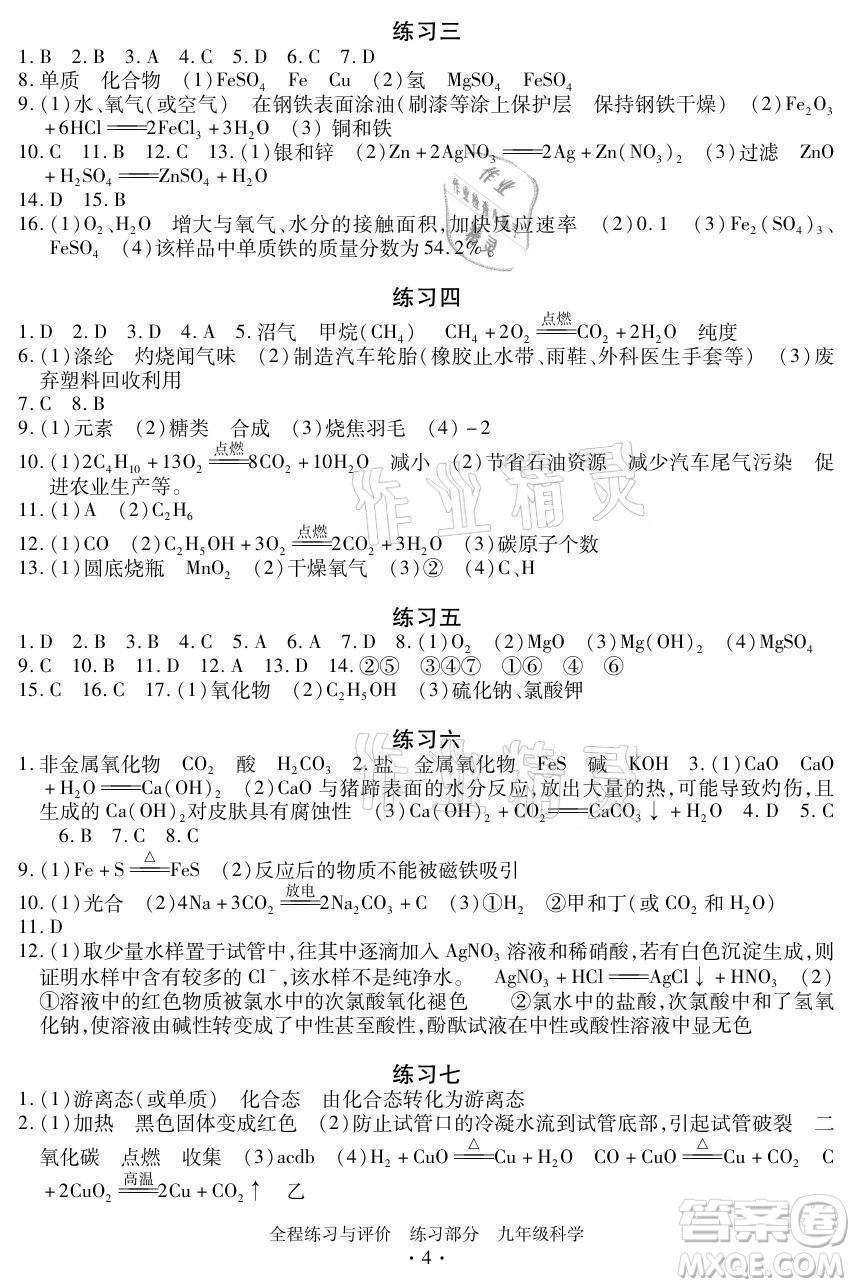 浙江人民出版社2021全程練習與評價九年級全一冊科學浙教版答案