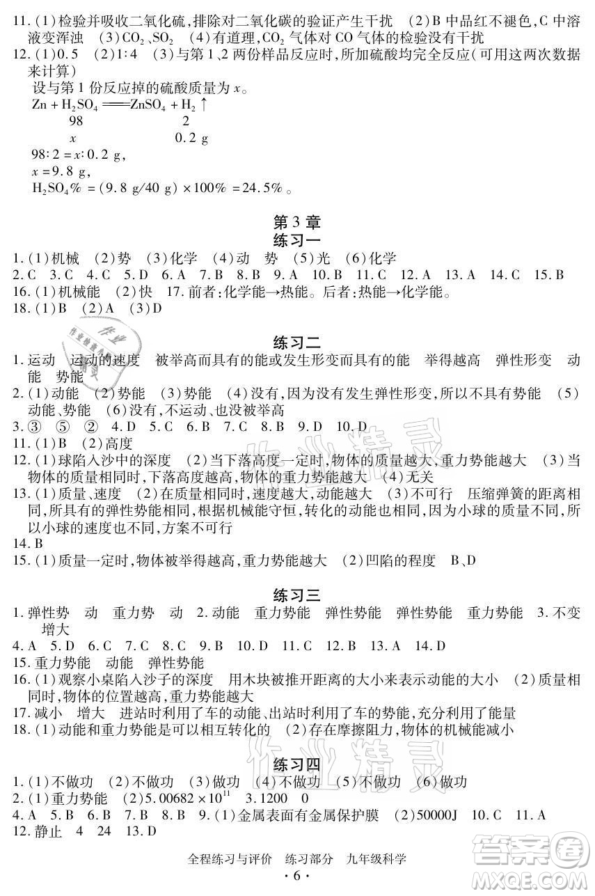 浙江人民出版社2021全程練習與評價九年級全一冊科學浙教版答案