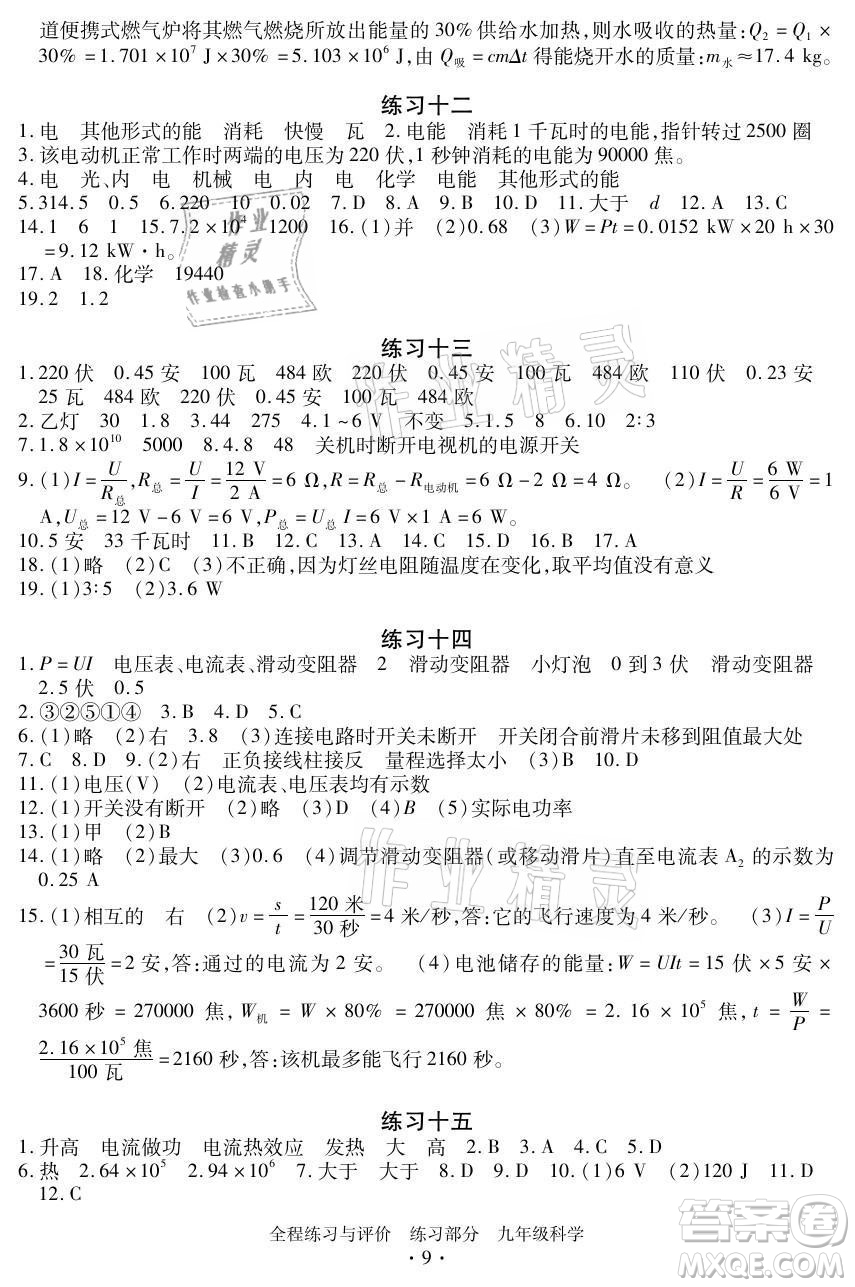 浙江人民出版社2021全程練習與評價九年級全一冊科學浙教版答案