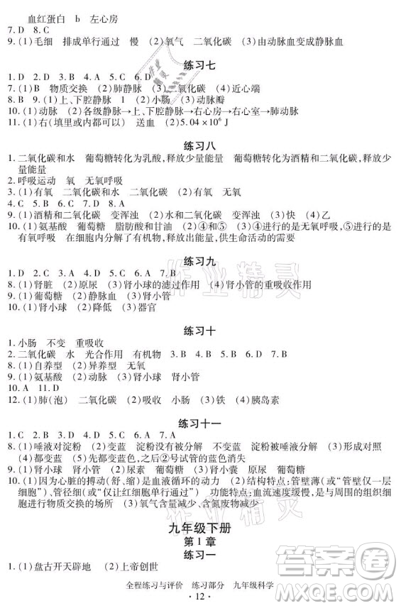 浙江人民出版社2021全程練習與評價九年級全一冊科學浙教版答案