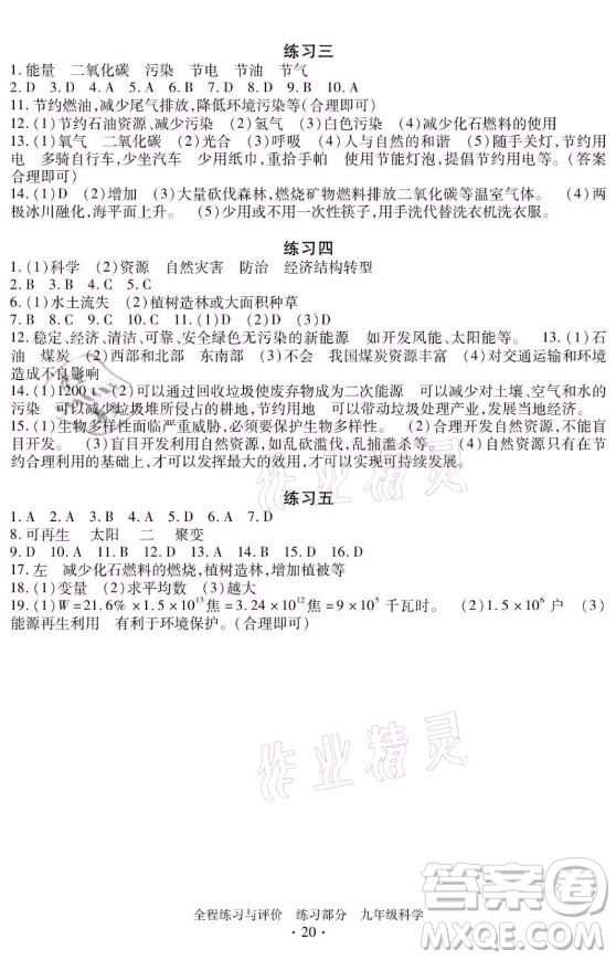 浙江人民出版社2021全程練習與評價九年級全一冊科學浙教版答案