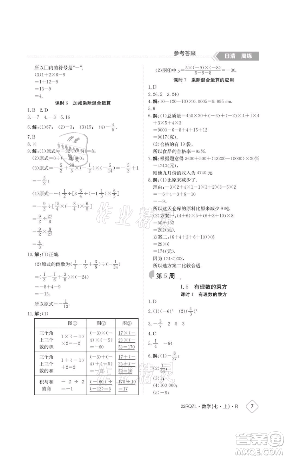 江西高校出版社2021日清周練七年級上冊數(shù)學(xué)人教版參考答案