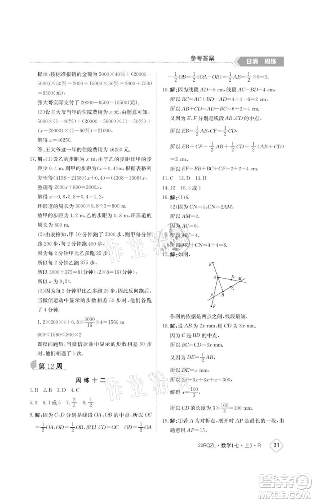 江西高校出版社2021日清周練七年級上冊數(shù)學(xué)人教版參考答案