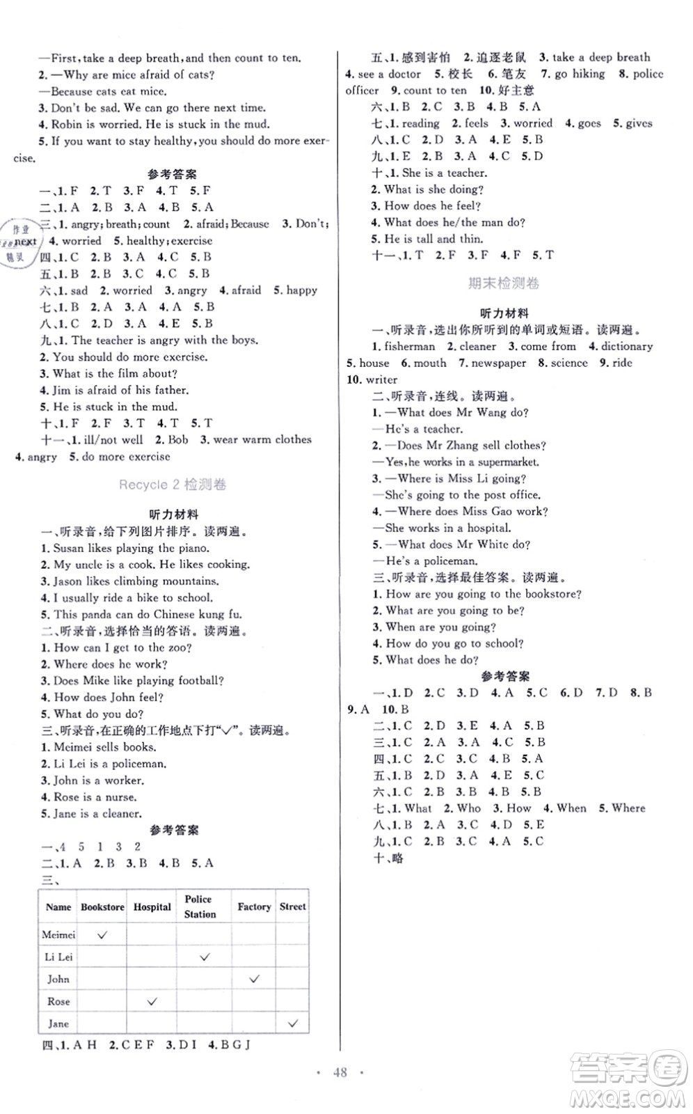 青海人民出版社2021快樂練練吧同步練習(xí)六年級(jí)英語上冊(cè)人教版青海專用答案