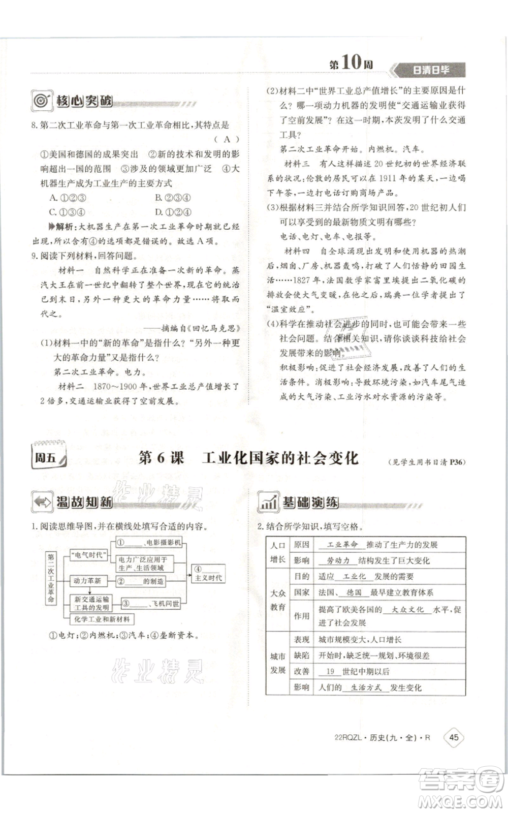 江西高校出版社2021日清周練九年級(jí)歷史人教版參考答案