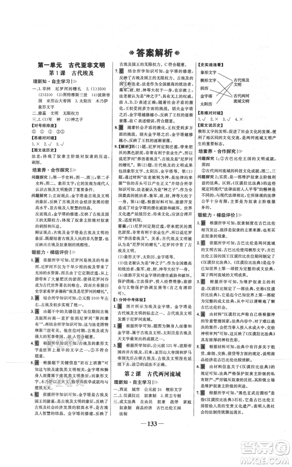 未來出版社2021世紀金榜金榜學案九年級上冊歷史部編版參考答案