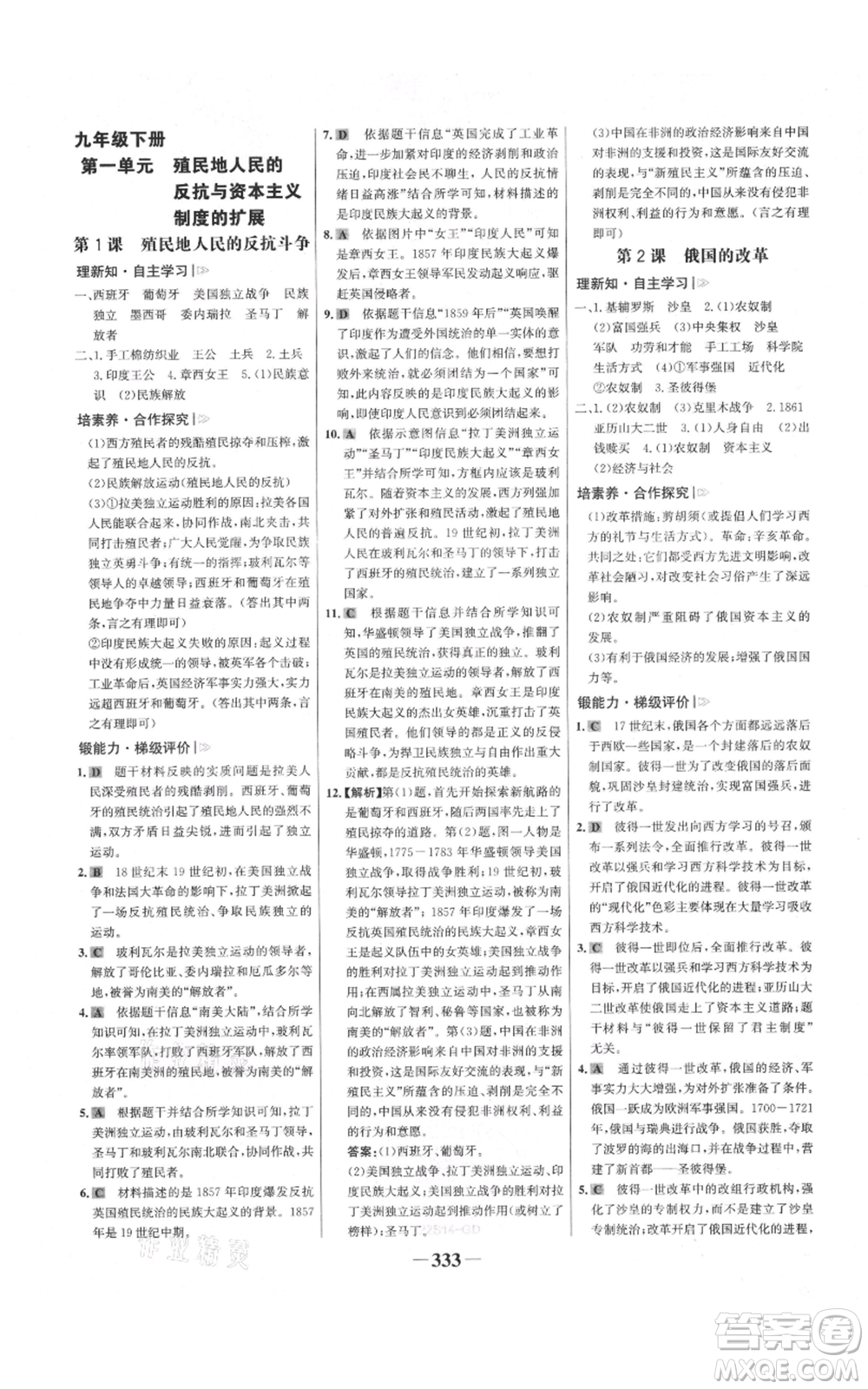 未來出版社2021世紀金榜金榜學案九年級歷史部編版廣東專版參考答案