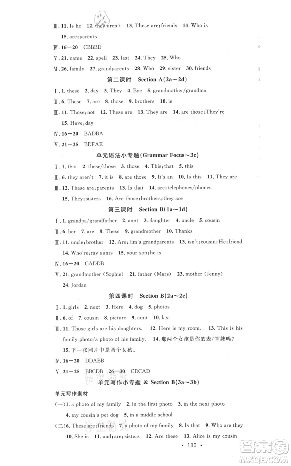 開明出版社2021名校課堂七年級(jí)上冊(cè)英語人教版背記本參考答案