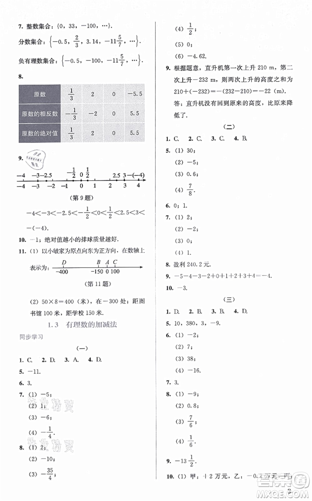 人民教育出版社2021同步解析與測評七年級數(shù)學(xué)上冊人教版答案