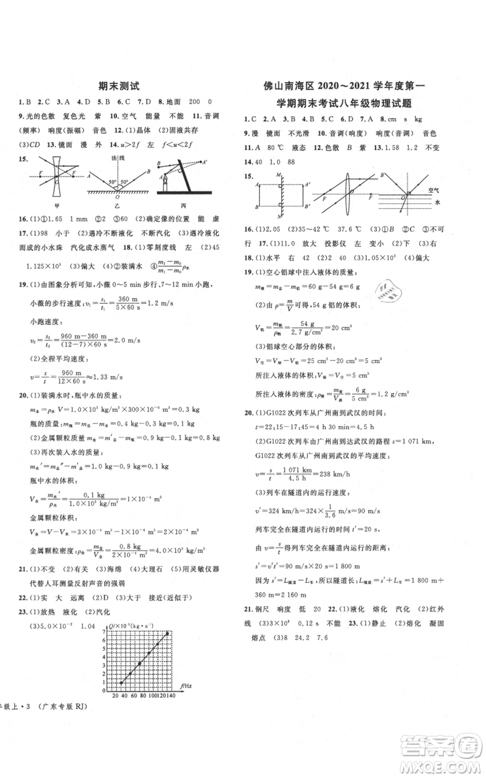 安徽師范大學(xué)出版社2021名校課堂八年級(jí)上冊(cè)物理人教版廣東專版參考答案