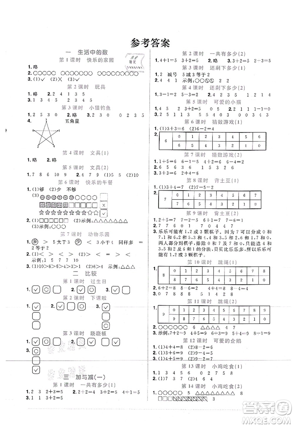 江西教育出版社2021陽光同學(xué)課時(shí)優(yōu)化作業(yè)一年級(jí)數(shù)學(xué)上冊(cè)BS北師版答案