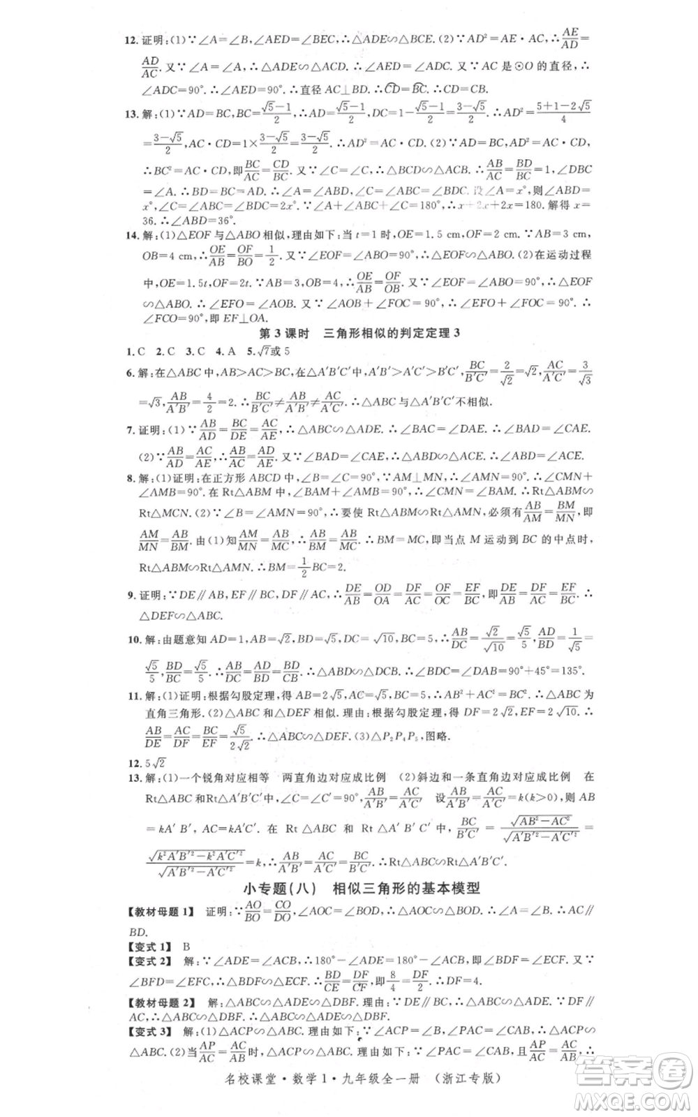 廣東經(jīng)濟(jì)出版社2021名校課堂九年級(jí)數(shù)學(xué)浙教版浙江專版參考答案