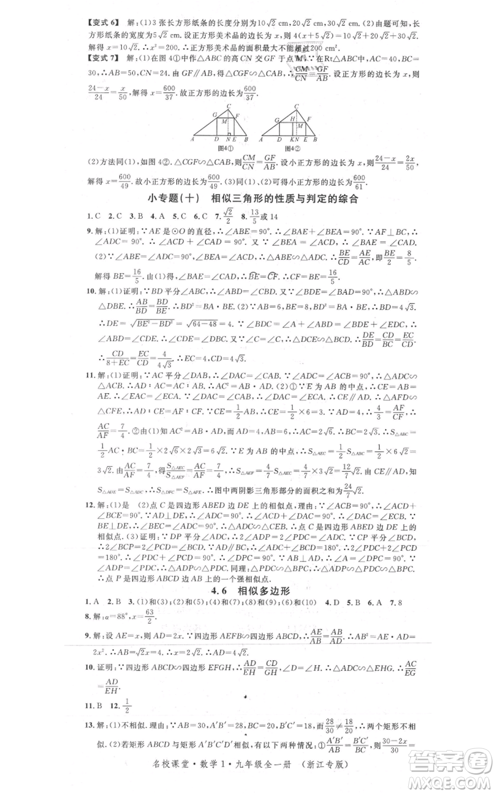 廣東經(jīng)濟(jì)出版社2021名校課堂九年級(jí)數(shù)學(xué)浙教版浙江專版參考答案