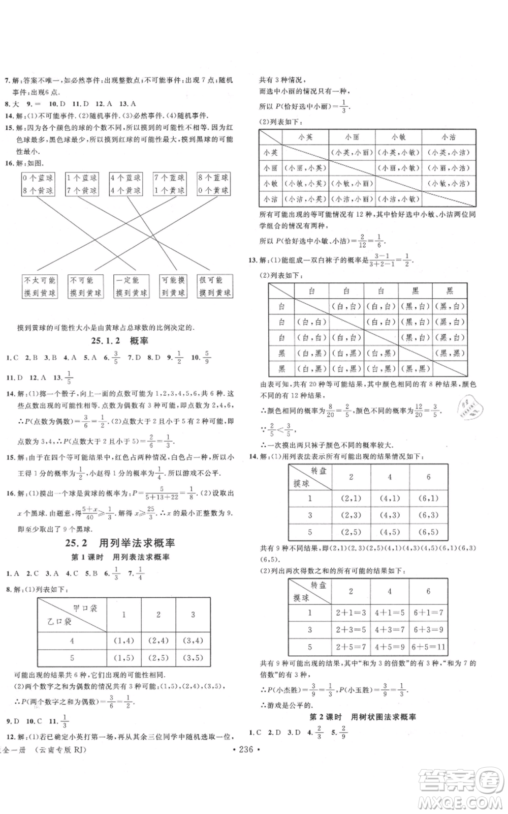 吉林教育出版社2021名校課堂滾動(dòng)學(xué)習(xí)法九年級(jí)數(shù)學(xué)人教版云南專版參考答案