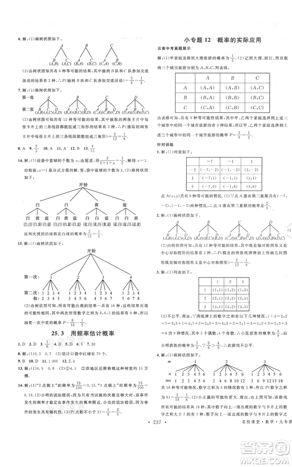 吉林教育出版社2021名校課堂滾動(dòng)學(xué)習(xí)法九年級(jí)數(shù)學(xué)人教版云南專版參考答案