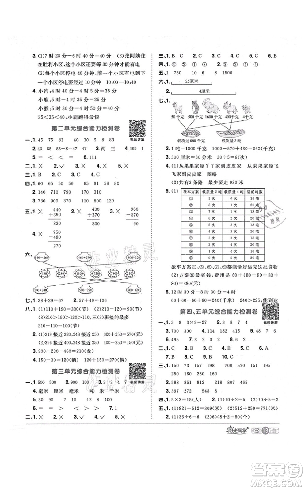 江西教育出版社2021陽(yáng)光同學(xué)課時(shí)優(yōu)化作業(yè)三年級(jí)數(shù)學(xué)上冊(cè)RJ人教版答案