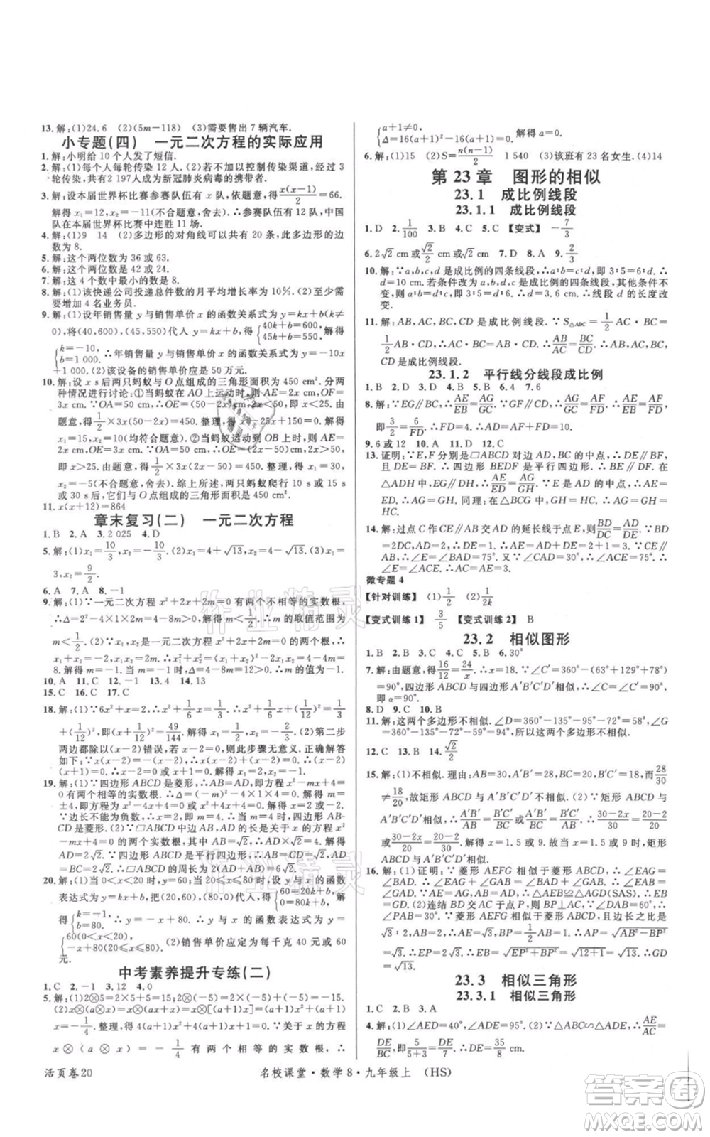 廣東經(jīng)濟(jì)出版社2021名校課堂九年級(jí)上冊(cè)數(shù)學(xué)華師大版參考答案