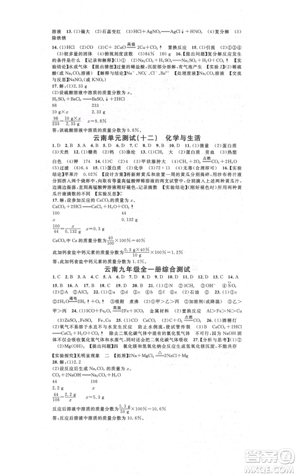 吉林教育出版社2021名校課堂滾動學(xué)習(xí)法九年級化學(xué)人教版背記手冊云南專版參考答案